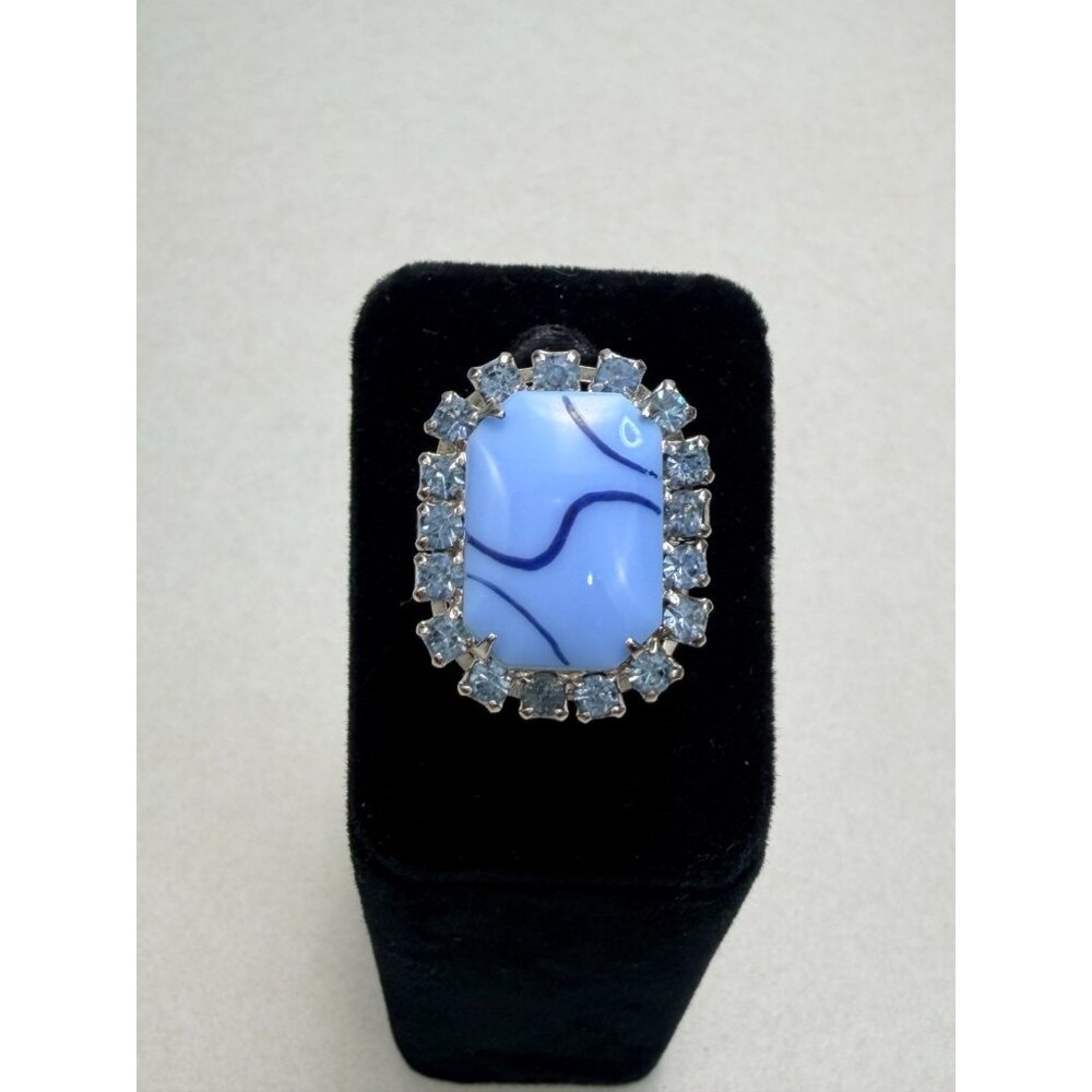 Art Glass Blue Cabochon Crystal Halo Adjustable Ring Size 6